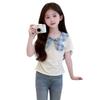Girls Plaid Short Sleeve T Shirt Peter Pan Collar Bow Tie Fashionable Casual Top for Big Kids