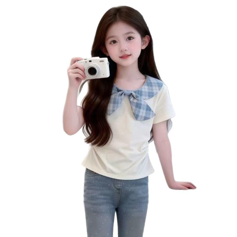 Girls Plaid Short Sleeve T Shirt Peter Pan Collar Bow Tie Fashionable Casual Top for Big Kids