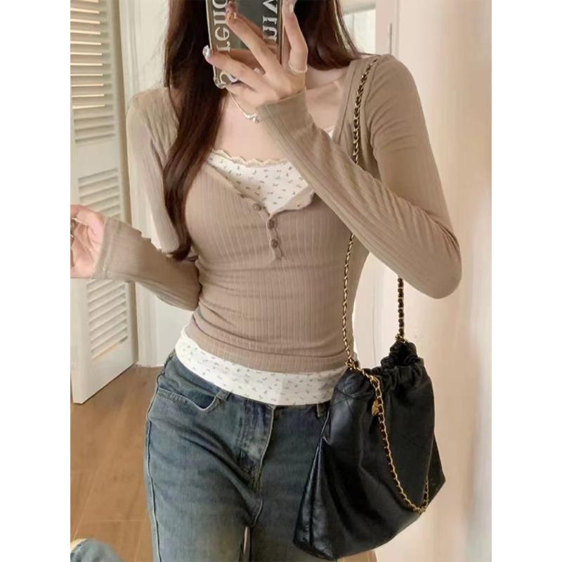 Lace Floral Splicing Fake Two Leggings Women's Early Spring New Tight Short Style Pure Long-sleeved Small Top