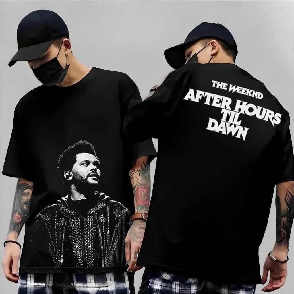 Schwarzes Oversized-Baumwoll-T-Shirt mit Retro-Porträt von The Weeknd und „Dawn FM“-Logo für treue Fans des R&B-Stars