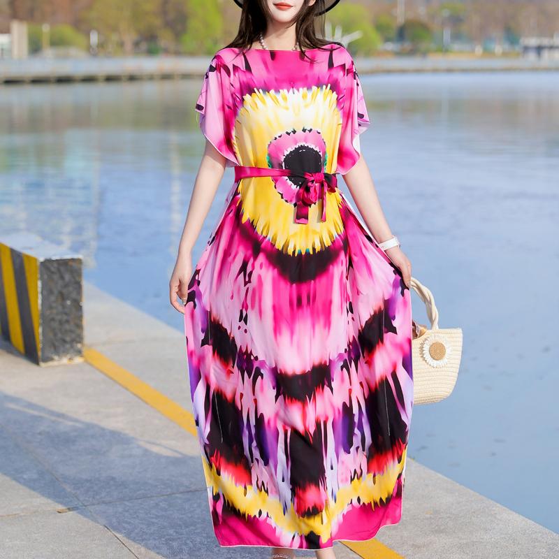 Elegant Summer Casual Dress for Women Vintage Clothes Short Sleeve Loose Long Dress