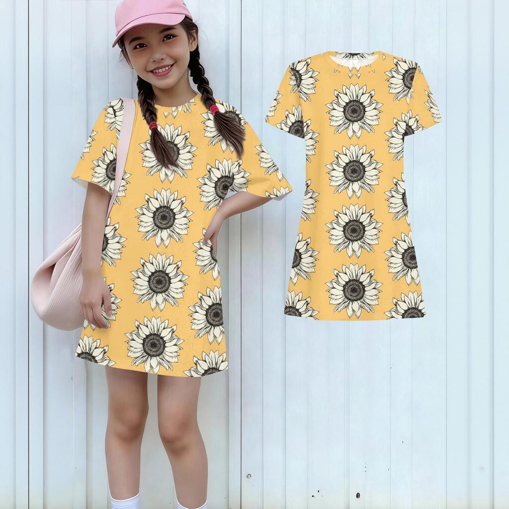 Girls Print Casual Dress Kids Loose Round Neck Short Sleeve Thin Sundress