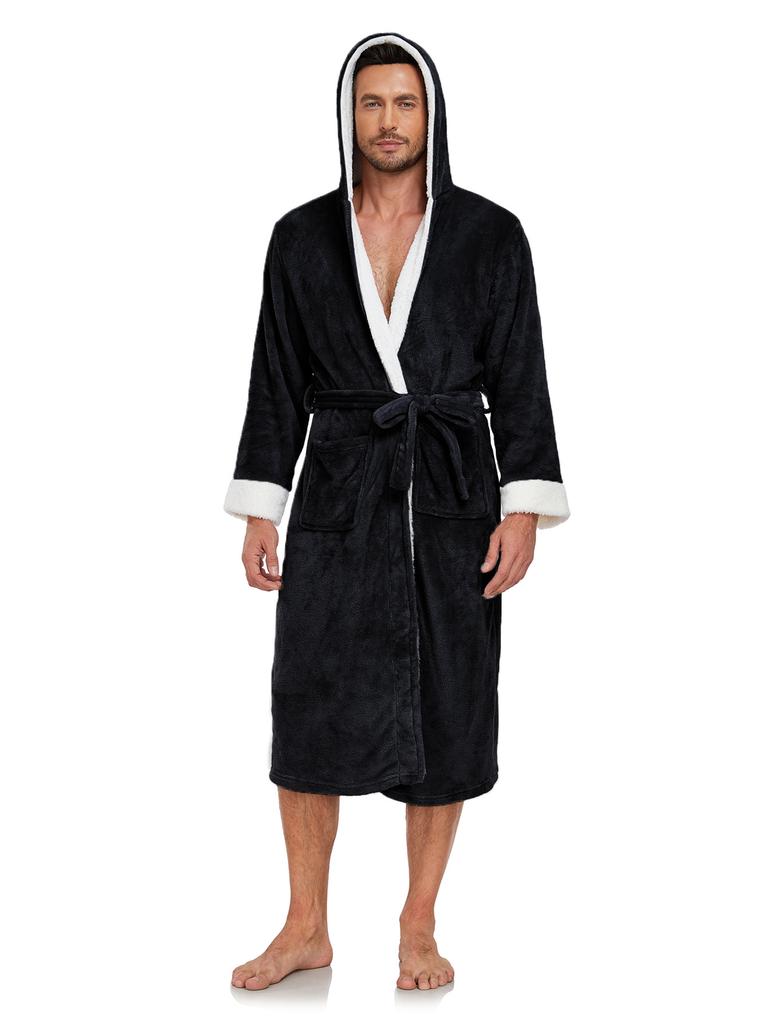 Hooded Robes for Men Full Length Spa Bathrobes Soft House Sleepwear Coat with Hood and Pockets Men's Winter Warm Plush Fleece Robe Hooded Fluffy Robes