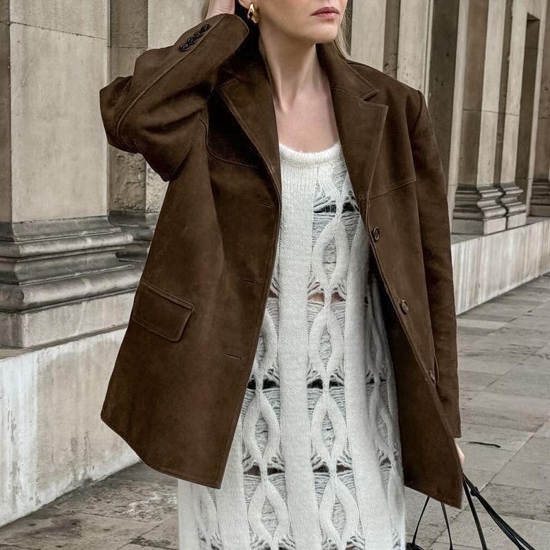

2024 European and American Autumn and Winter Women clothes Maillard New Brushed Velvet Retro Lapel Loose Imitated Chamois Velvet Coat Suit Brown L