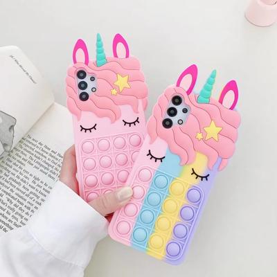 Pop Fidget Toys Bubble Phone Case With Strap For Samsung A32 A71 A51 A12 Case For iPhone 11 12 Pro MAX Cartoon Pink Unicorn Soft Shockproof Back Cove
