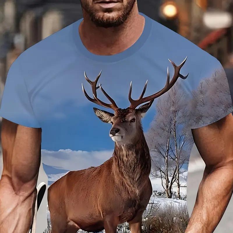 Men's Deer Print T-shirt Sports Short Sleeved Crew Neck T-shirt for Summer Outdoor Fitness Workout Men's Clothing