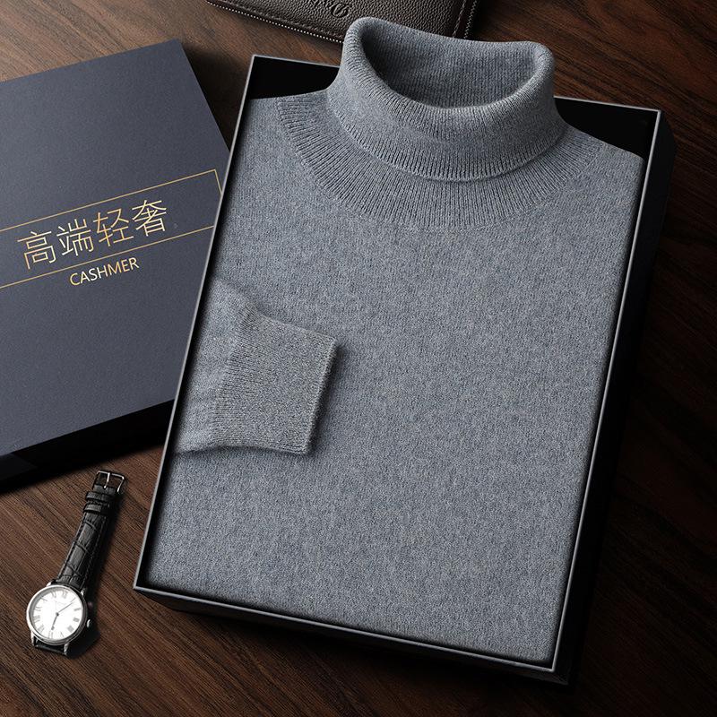 Men's High Neck Cashmere Sweater - Solid Color, Long Sleeve Knitwear for Casual and Business Wear