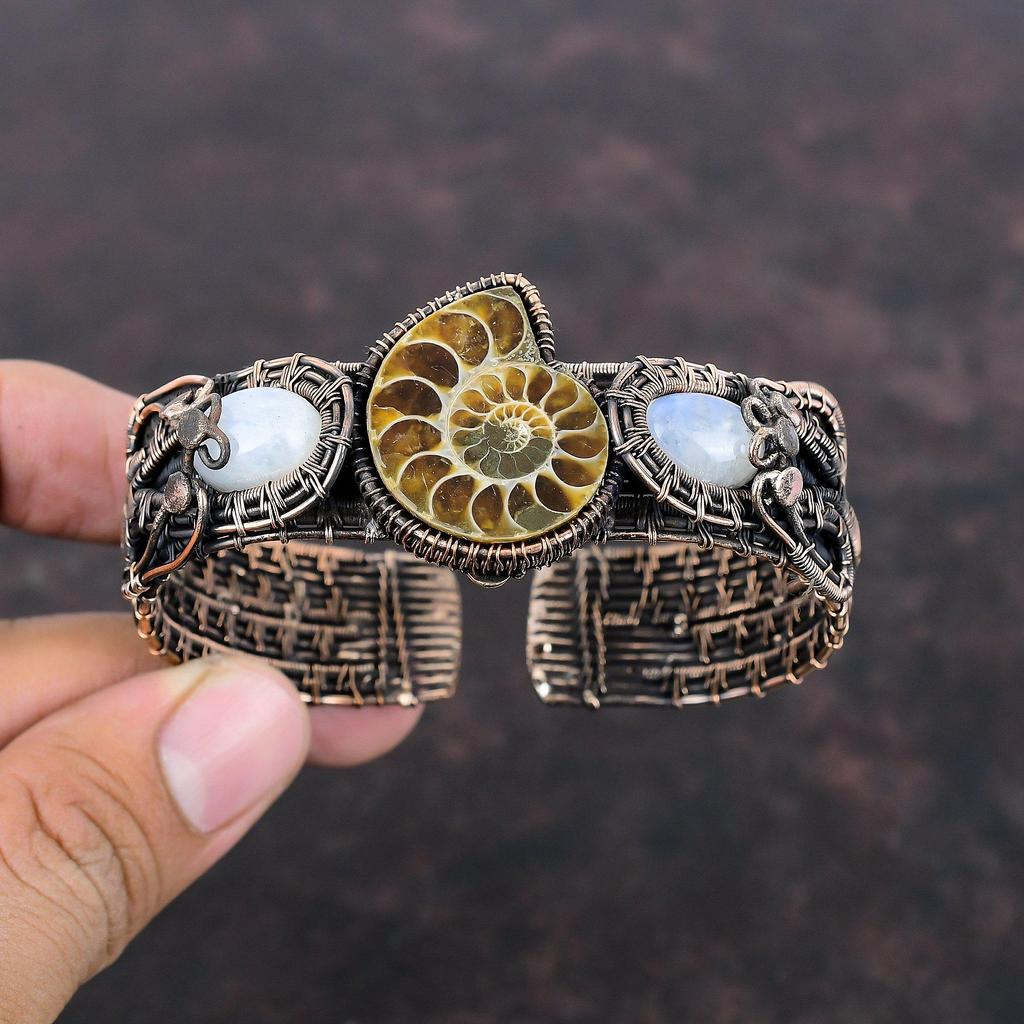 Ammonite Fossil Cuff Bracelet Copper Wire Wrapped Gemstone Bangle Rainbow Moonstone Cuff Bracelet Adjustable Bangle Handmade Copper Jewelry