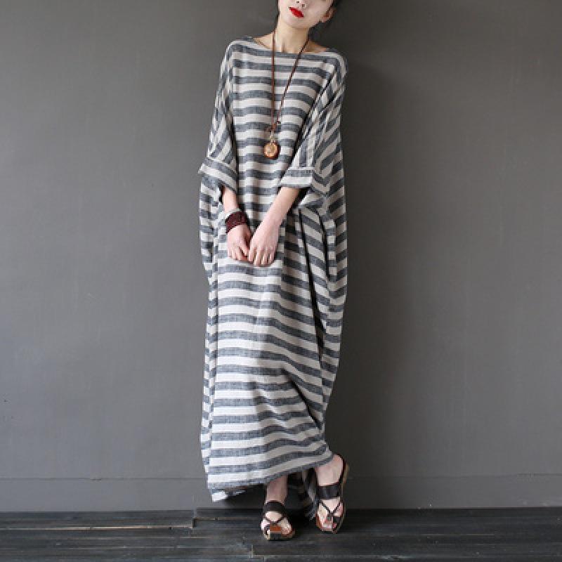 2024 Spring Ethnic-Style Mid-Length Striped Cotton Linen Dress for Women