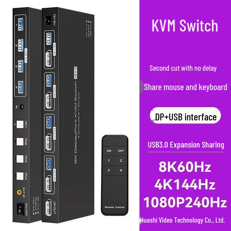 8K HDMI/DP KVM Switch 4x1 - Mouse & Keyboard Control for Four Computers