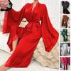 Satin lange Pyjamas Damen, Spitze leichte Luxus langärmelig kühl Nachthemd Bademantel Loungewear Damen