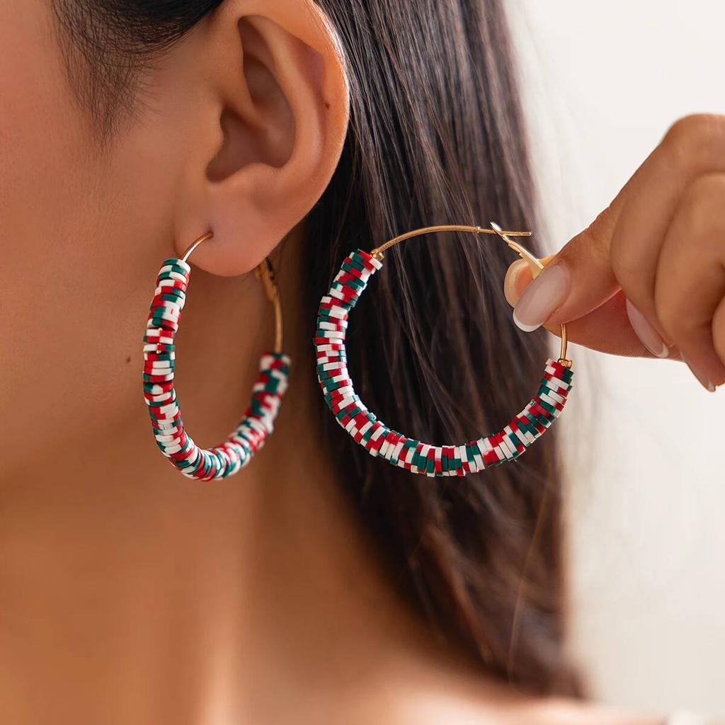 Salircon 10 Styles Romantic Cute Colorful Soft Pottery Hoop Earring Women Fashion Christmas Tree Snowman Series Ear Jewelry Gift