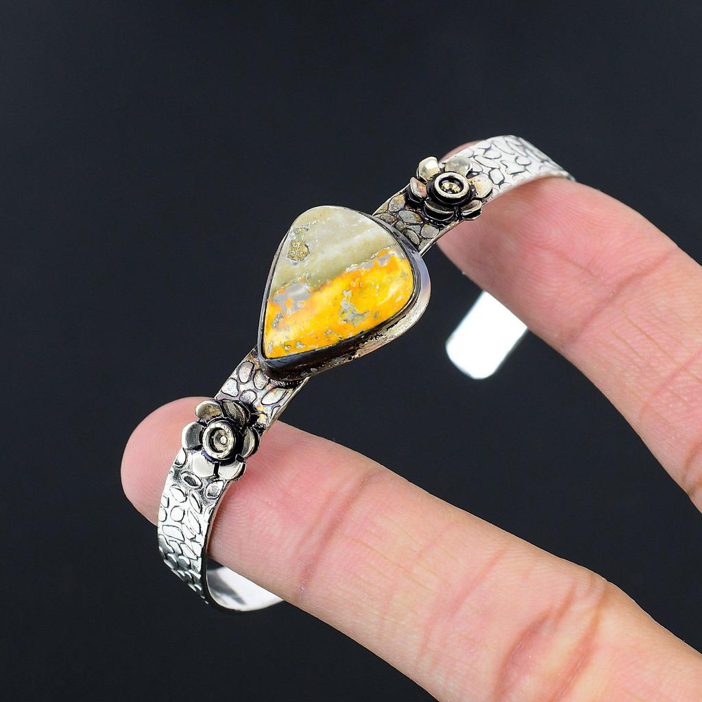 Gift For Women Bangle Flower Adjustable 925 Silver Natural Bumble Bee Jasper