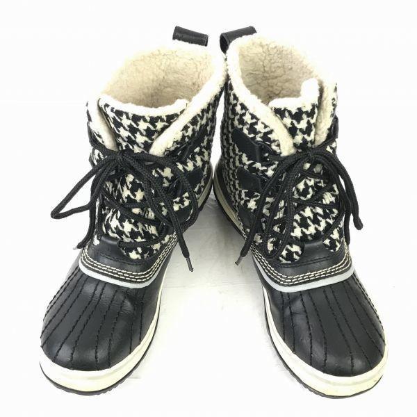 SOREL/Leather Snow Boots/23.0cm/Black×White/Houndstooth Pattern/Waterproof(USED)