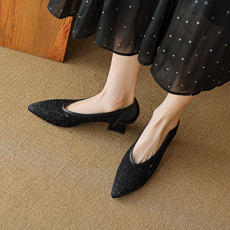 NEW Spring/Autumn Women Pumps Mesh Fabric Shoes for Women Square Toe Chunky Heel Shoes Concise High Heels Buckle Black Shoes
