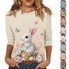 Women's Fashionable Casual Easter Bunny And Egg Print Neck Three-Quarter Sleeve T-Shirt