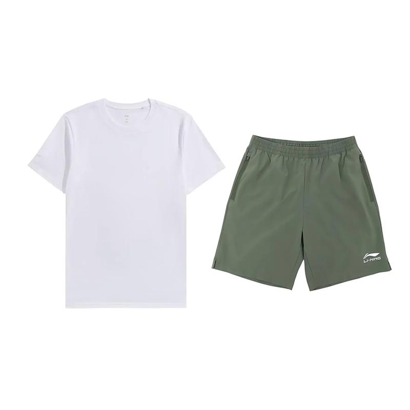 

Li-Ning Plain Simple Comfortable Versatile Round Neck Pullover Short Sleeve Logo Letter Print Drawstring Shorts Casual Sports Suit AHSUA49-1+YKSV147-1