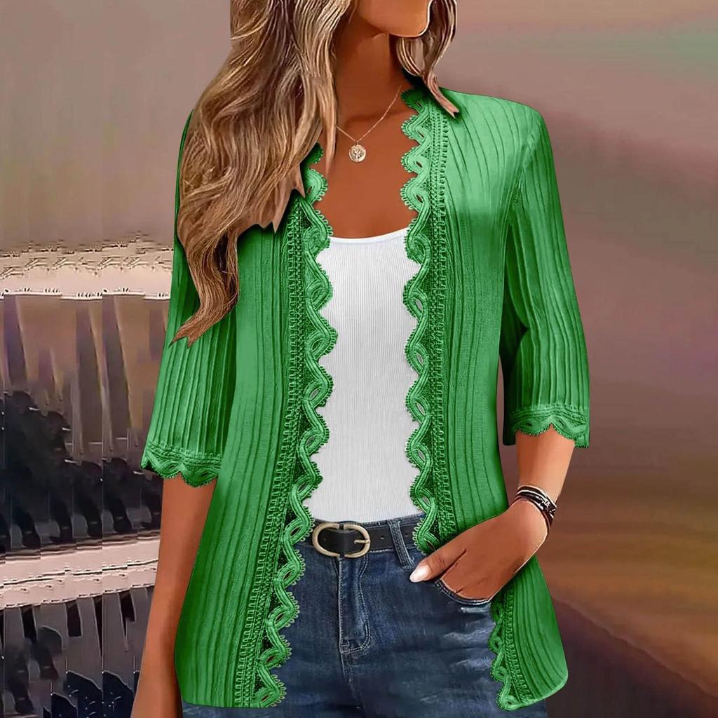 Women's Fashion Casual Seven Split Sleeve Solid Color Lace Cardigan Jacket