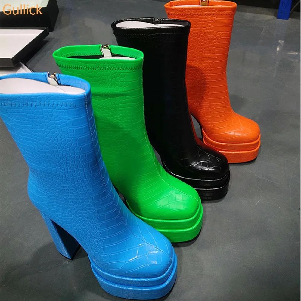 Fashion 2025 Autumn Winter New Square Toe Boots Double Platform Chunky Heel Super High Heel Snake Pattern Side Zipper Women Short Boots