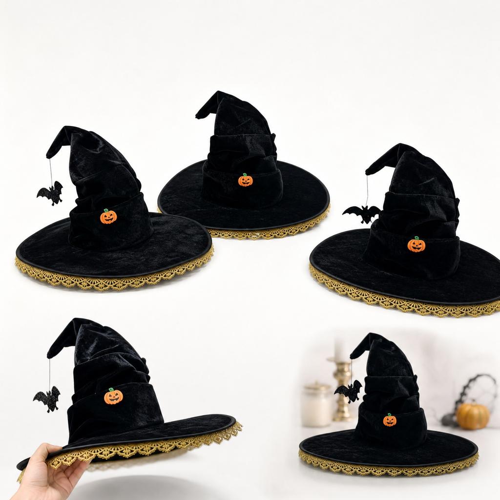 Ruffled Witch Hat with Decor for Halloween Costume