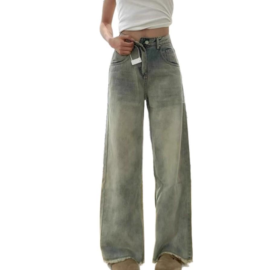 Washed High-waisted Straight Jeans Women's Large Size Women's Loose Drapey Sense of The Raw Edges of The Skinny Trailing Broad-legged Trousers