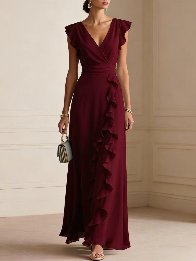 Women V Neck Sleeveless Ruffle Side Slit Maxi Dress Solid Beige