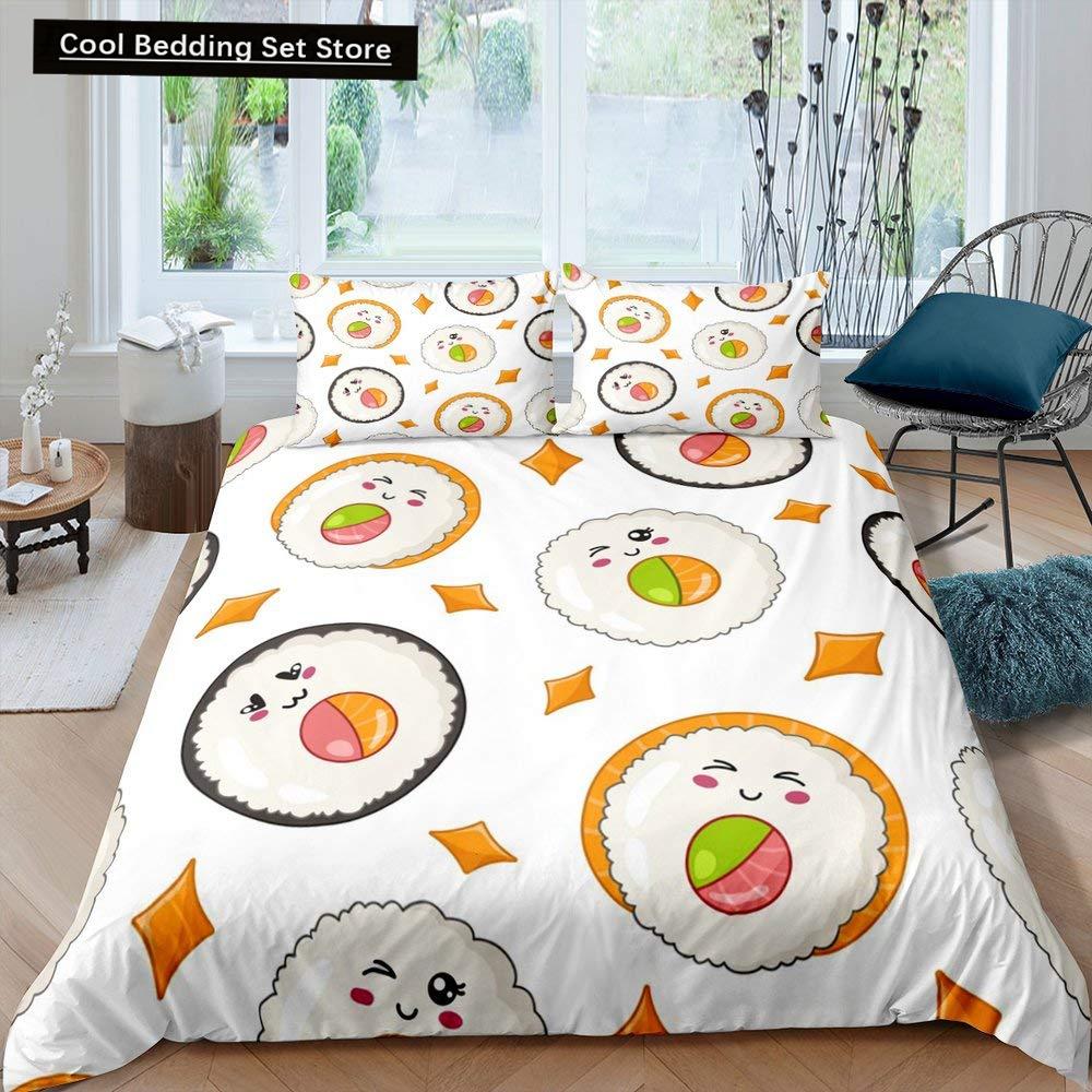 Japanese Sushi King Queen Duvet Cover Little Cat Bedding Set Novelty Cartoon Pet Animal Japan Food White Polyester Quilt Cover