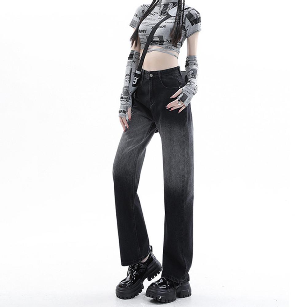 

Корейская версия универсальных черных серых джинсов прямого кроя с постепенным переходом женские весенне-осенние новые трендовые джинсы широкого кроя 2XL