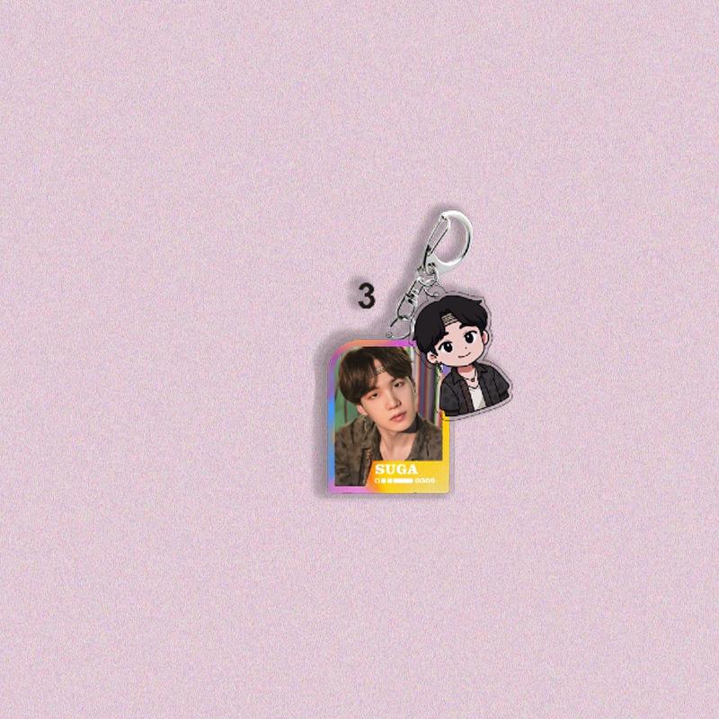 7pcs BTS Character + Cartoon Double Keychain, Laser-framed Pendant, Celebrity Merchandise Support Charm, ARMY Exclusive Merchandise