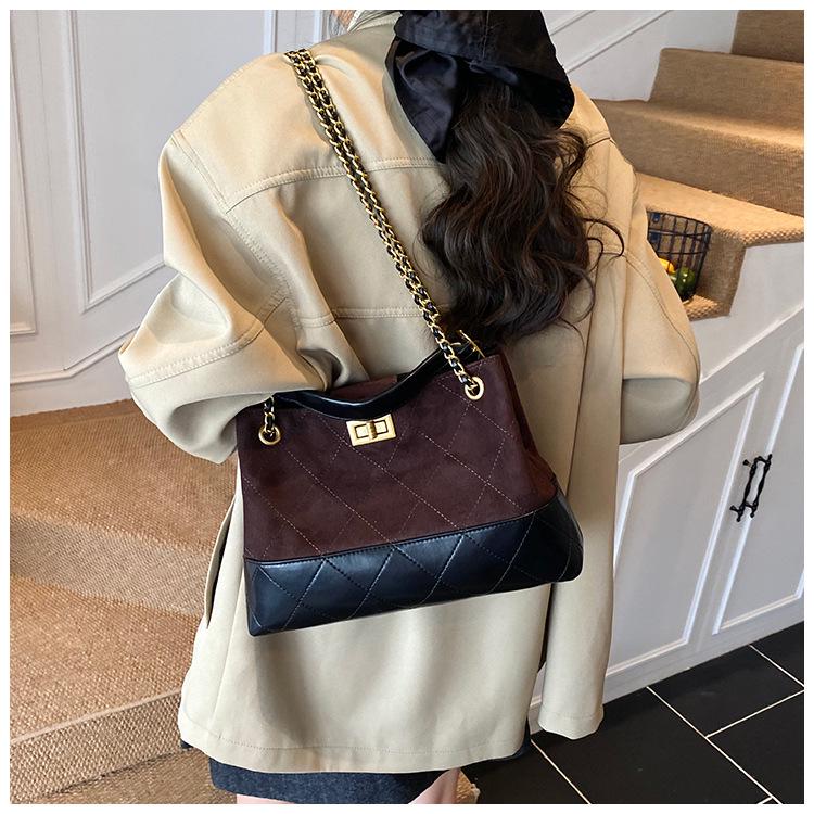 Brown Korean Style Quilted Suede Tote Bag with Adjustable Chain Strap