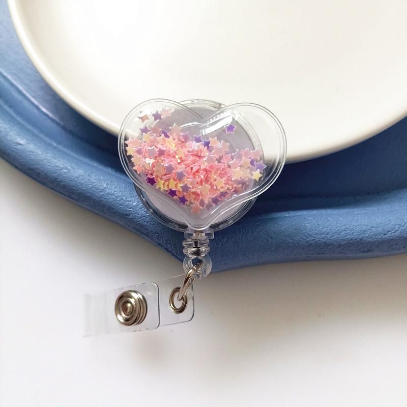 New Style Name Tag with Cartoon Snap Fastener  Elastic Snap Fastener  Flowing Sand Heart Resin Work ID Card Hanging String Clip  Clip Holder