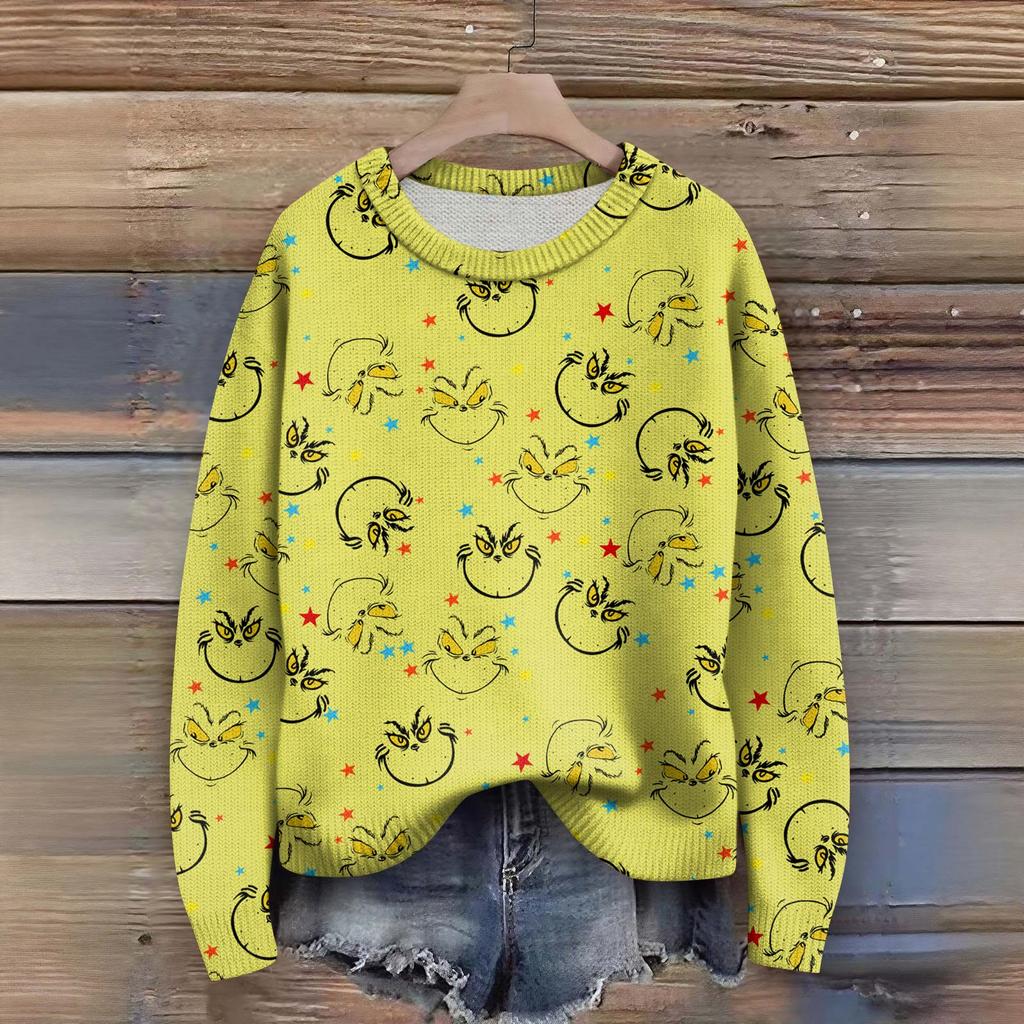 Long Sleeve Pullover Sweaters For Women O Neck Casual Cute Printing Knit Oversized Sweater