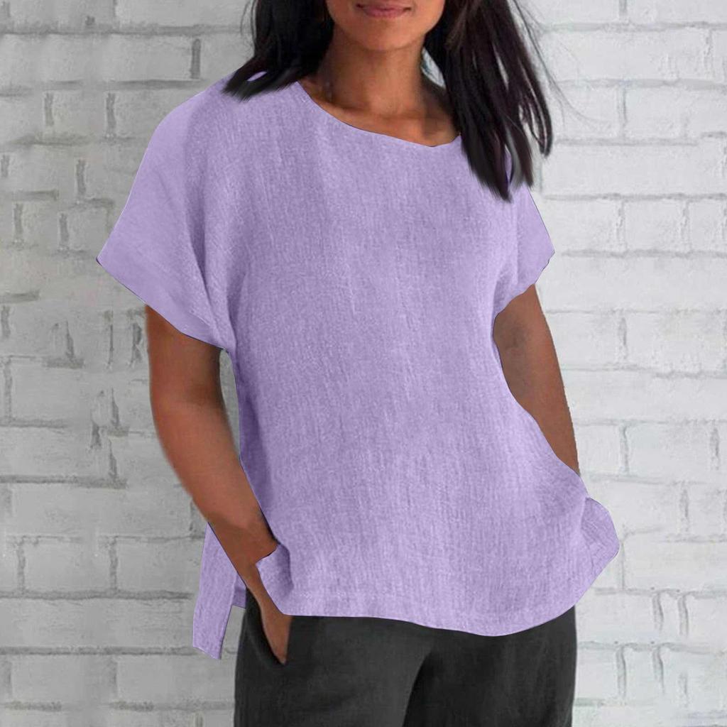 Women's Fashion Short Sleeve Round Neck Solid Colour Loose Casual Shirt Cotton Blouse