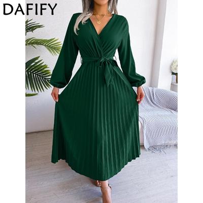 Women's Fashion Summer Spring Solid Color Print Long Sleeve V-Neck High Waist Casual Dresses