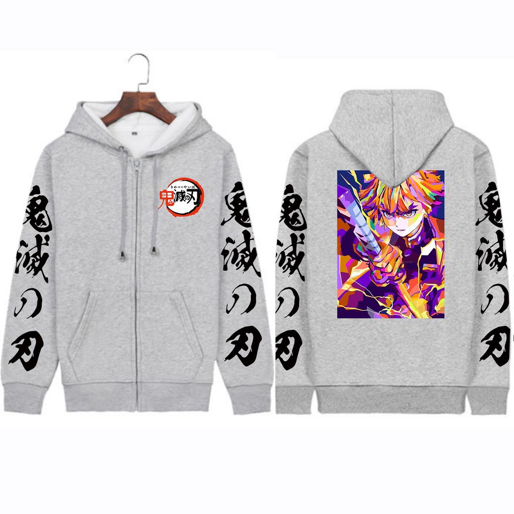 Demon Slayer Anime Zipper Jacket Agatsuma Zenitsu Print Men Women Zip Up Hoodies Casual Loose Sweatshirt Harajuku Streetwear