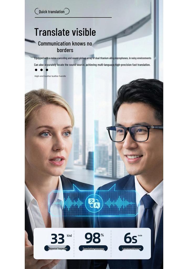 European & American Design AI Translation Smart Bluetooth Music Glasses – Magnetic Charge, Waterproof, High-Quality Texture.