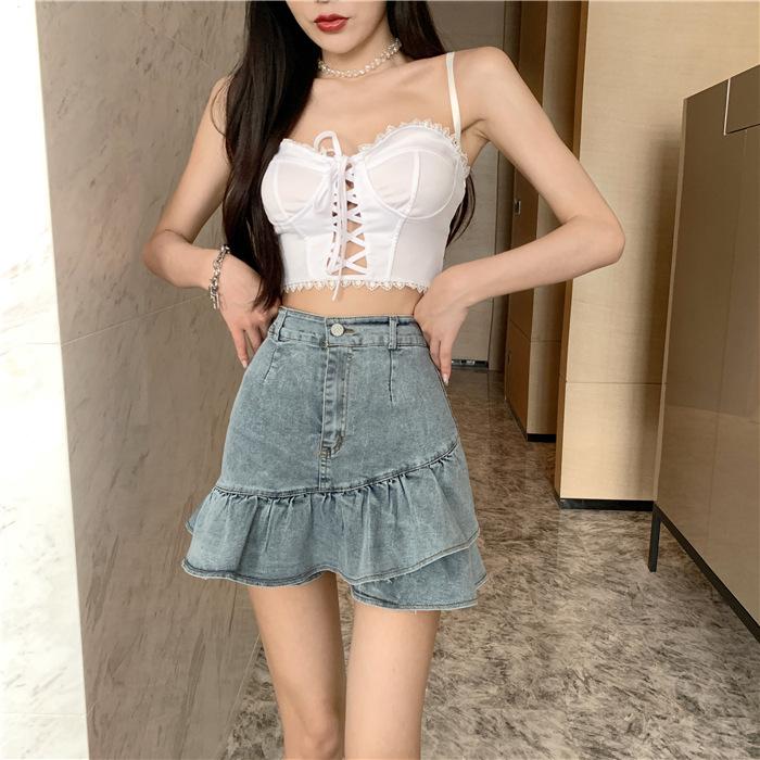 Mini-jupes courtes en Denim pour femmes, grande taille, taille haute, à volants, queue de poisson, jupe plissée, Sexy, taille élastique, été