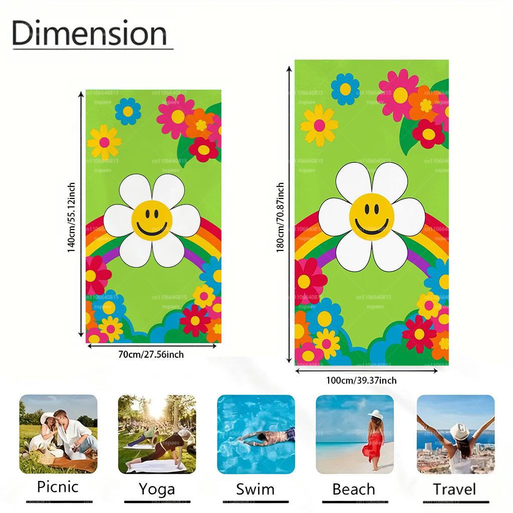 Asciugamano da Spiaggia Retro con Margherita Sorridente e Arcobaleno, Asciugamano da Bagno in Microfibra Colorato con Stampa Floreale Asciugatura Rapida, Asciugamano Leggero Assorbente