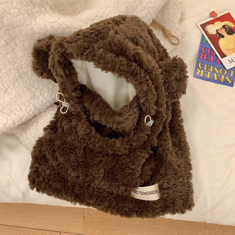 Cute Bear Plush Hat Women's Scarf Integrated Thickened Plush Cycling Cold Protection Ear Protection Korean Version Lei Feng Hat