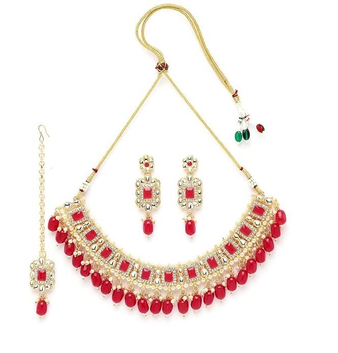 

Glitzy Gold Plated Rani Pink Ad Stones & Beads Studded Choker Necklace Set For Women Onesize