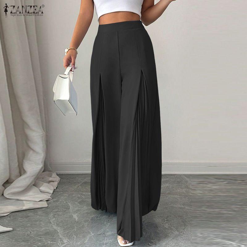 ZANZEA Women Casual Elastic Waist Solid Color Loose Wide Leg Pants