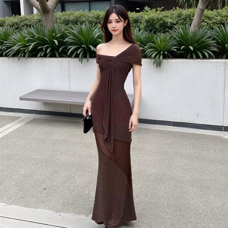 Sexy Spice Girl Style Suspender Mesh Dress Femininity Off Shoulder Waist Skinny Hips Long Skirt Night Dress