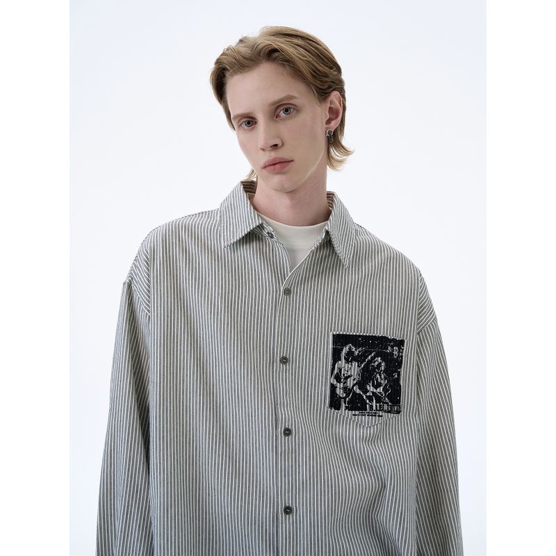 Kisko American Retro Stripesd Raw Edge Band Printed Long-Sleeved Shirt for Men and Women, High-End Silhouette Casual Shirt