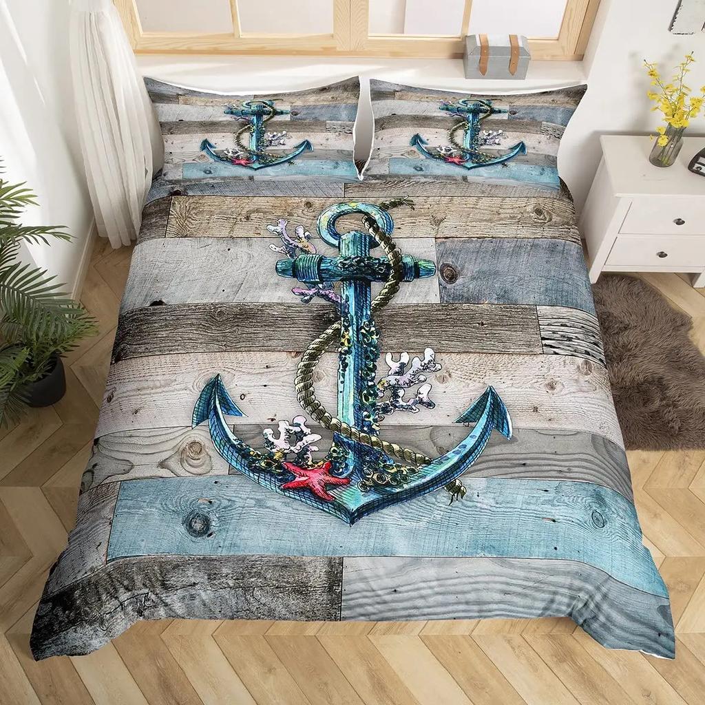 Nautical Anchor Pattern Duvet Cover Set King,Geometric Stripes Ocean Adventure Theme Quilt Navy Blue and Red Bedding Set 3pcs