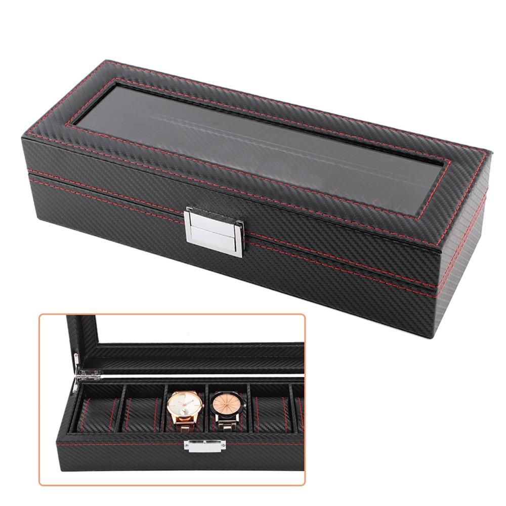 Sturdy Carbon Fiber Watch Box Transparent Window 6 Slots Watch Case Red Line Luxury Watch Display Watch Display