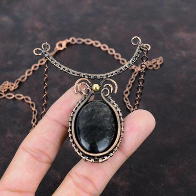 Silver Sheen Obsidian Necklace Copper Wire Wrapped Adjustable Necklace Handmade Copper Jewelry Gemstone Necklace Decent Jewelry Gift For Mom