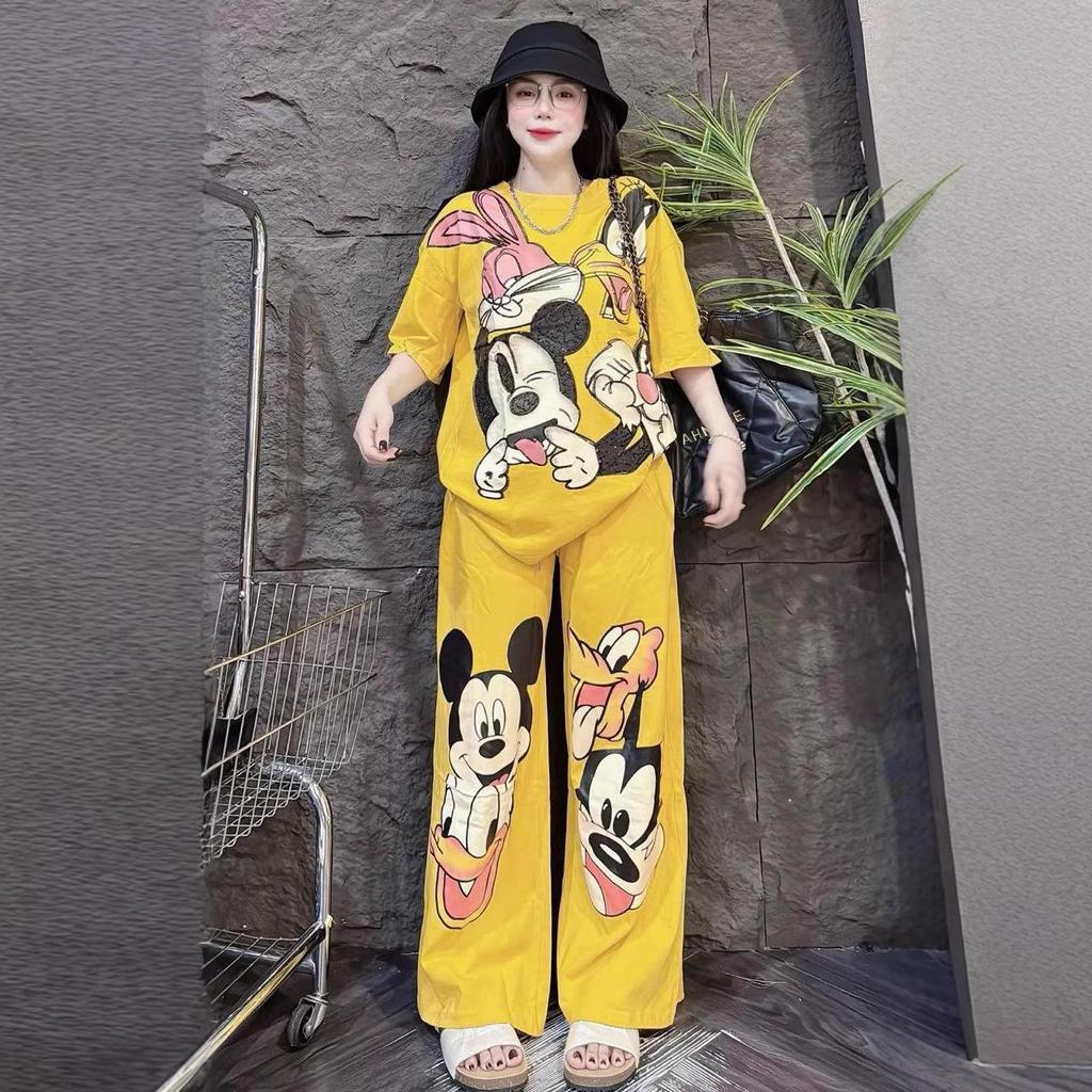 Southeast Asian Women's Cartoon Print Short Sleeve Top & Wide-Leg Pants, Casual Plus Size Summer Two-Piece Set