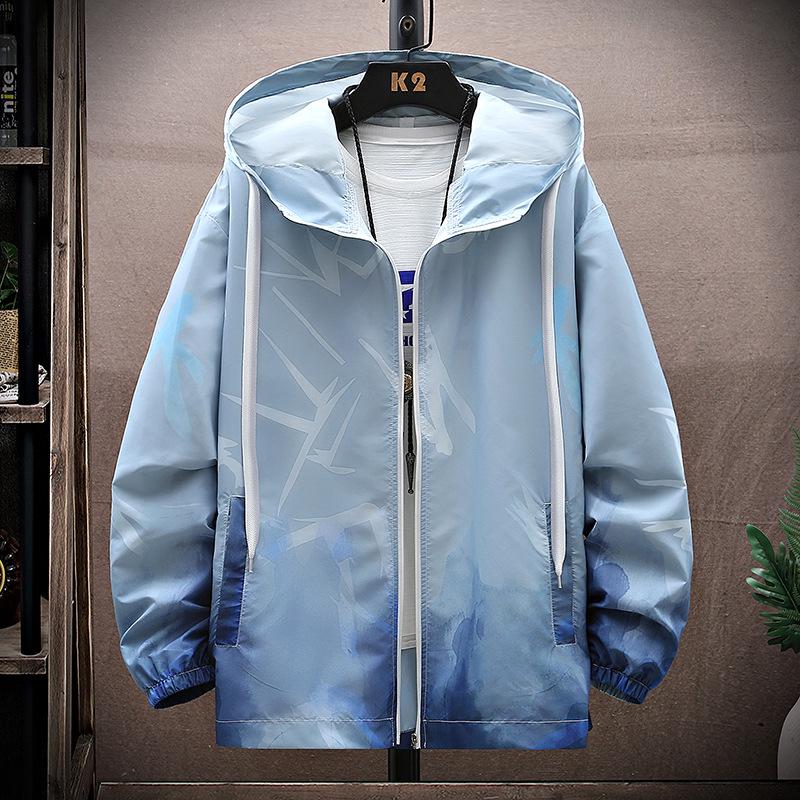 Men's Hooded Ice Silk Cooling Jacket - Chinese Style Print, Lightweight & Breathable Sun Protection