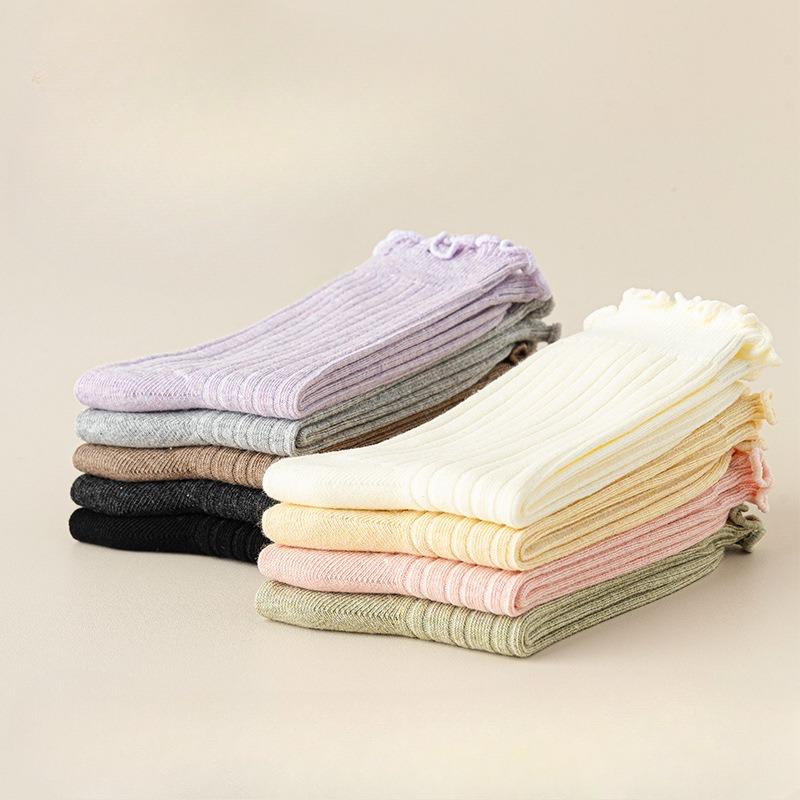 Boneless Socks, Women's Summer Breathable Cotton Socks, Solid Color Mid-calf Socks, Black Fungus Lace, Spring and Autumn Pile Socks