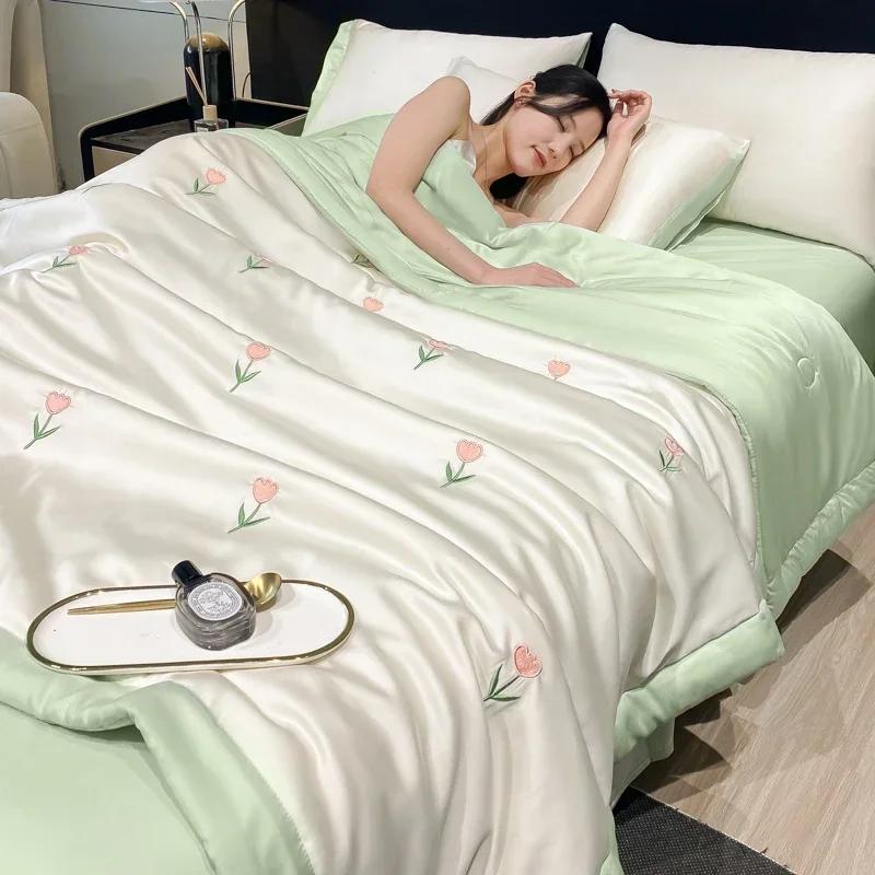 High-end Embroidered Spring Summer Quilt 4 Pcs Set or 3 Pcs Set or 1 Pcs Luxury Skin- Friendly Summer Blanket Lightweight Duvet